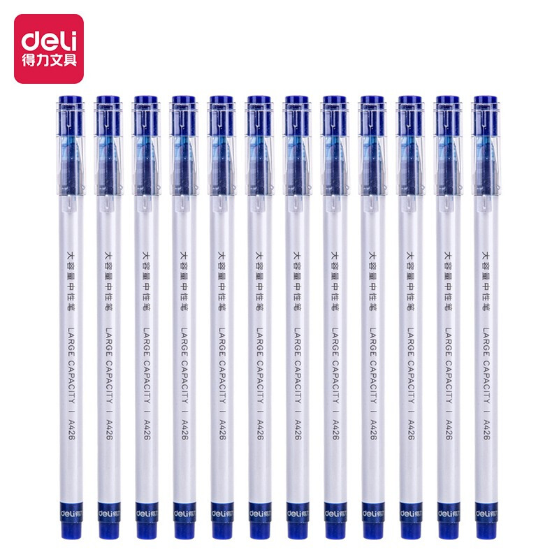 得力(deli)0.5mm大容量全针管中性笔  一次性签字笔 蓝色 12支/盒  DLSX-A426