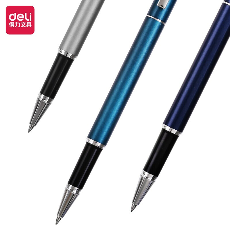得力(deli)金属中性笔签字笔水笔 子弹头0.5mm 蓝色笔身 黑色笔芯12支/盒  DLSX-S81
