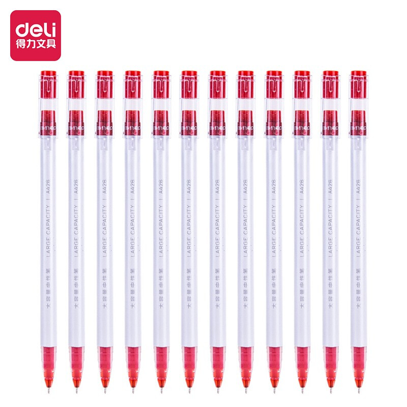 得力(deli)0.5mm大容量全针管中性笔  一次性签字笔 红色 12支/盒  DLSX-A426