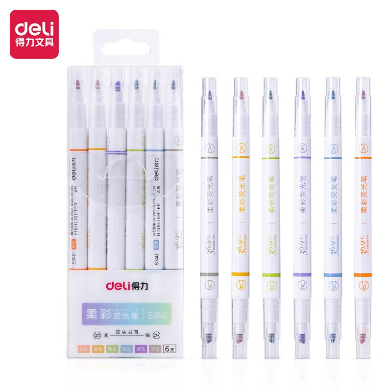 得力(deli)6色双头荧光笔套装 柔彩套装 重点标记笔 手帐可用水性记号笔S740