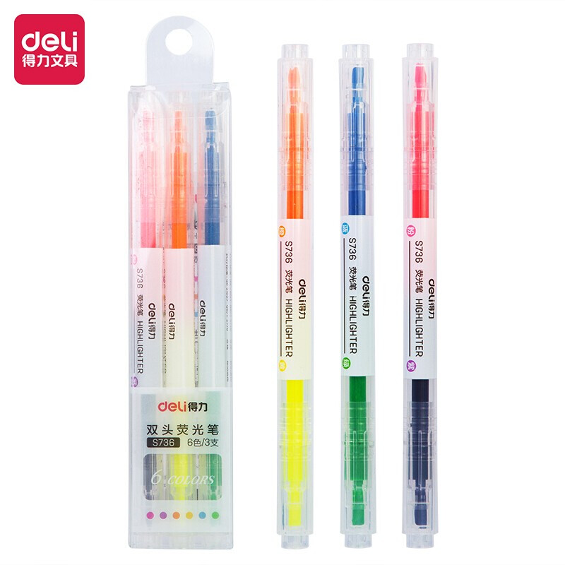 得力(deli)双头双色荧光笔考试重点标记笔 手帐可用水性记号笔 6色共3支DL-S736