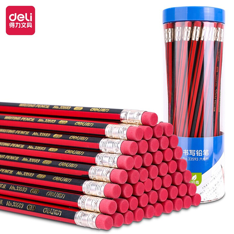得力(deli)经典红黑抽条六角杆HB铅笔带橡皮头 学生素描绘图铅笔 50支/桶33593