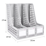得力(deli)三联镂空桌面文件框 三栏带标签稳固文件栏/文件筐/资料框 灰色 27666