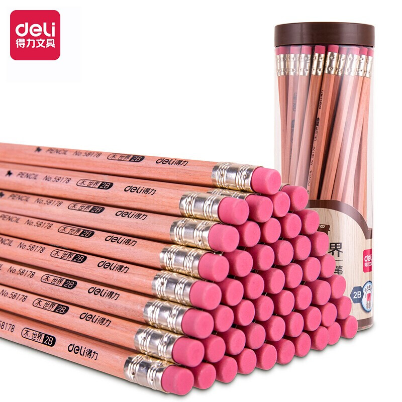 得力(deli)原木六角笔杆2B铅笔带橡皮头 学生考试素描绘图铅笔 50支/桶58178